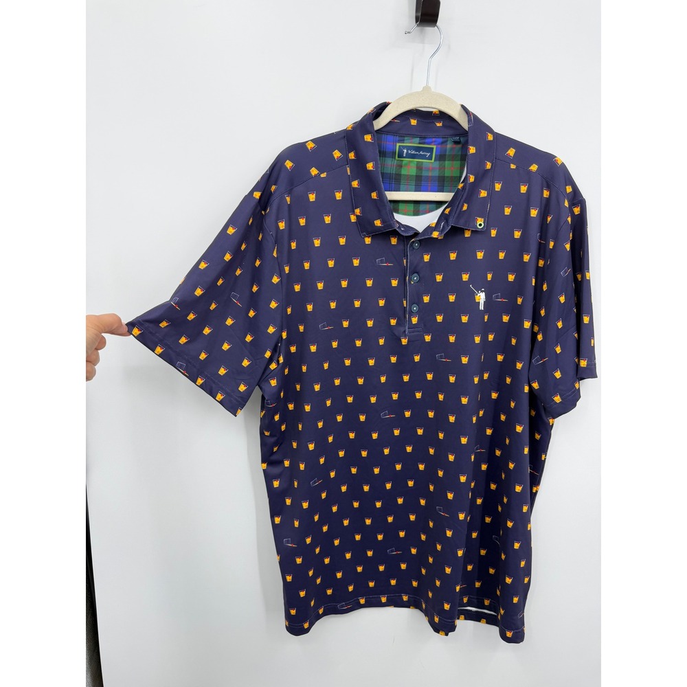 William Murray Old Fashioned Polo Shirt Mens XL Navy Blue Cocktail Print Golf